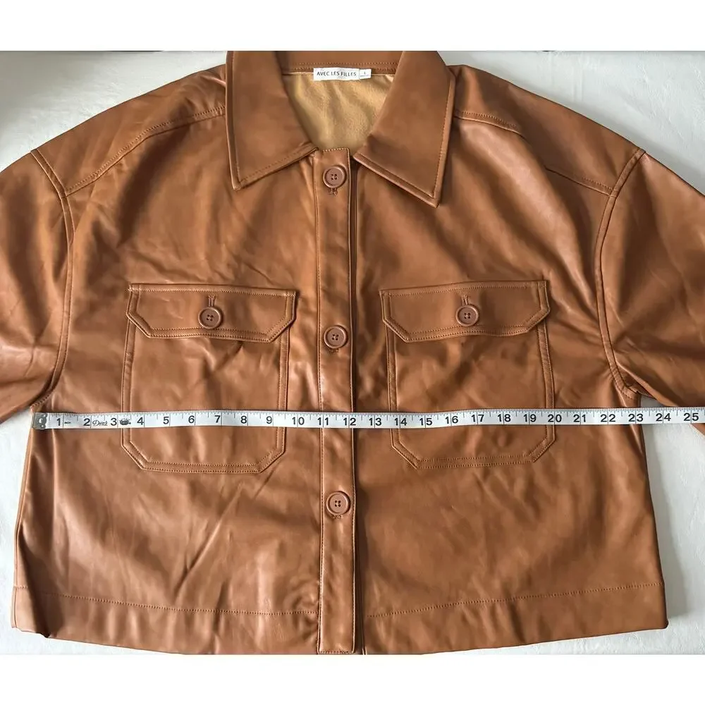 New Avec Les Filles Faux Leather Shacket in Cognac Women's Size L - Picture 7 of 8